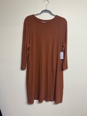 Time and Tru Long Sleeve Ribbed Shift Dress in Rust